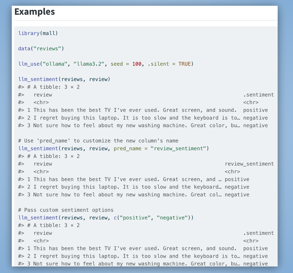 The rendered llm_sentiment() reference page on the mall website, showing the function description and executed example output.